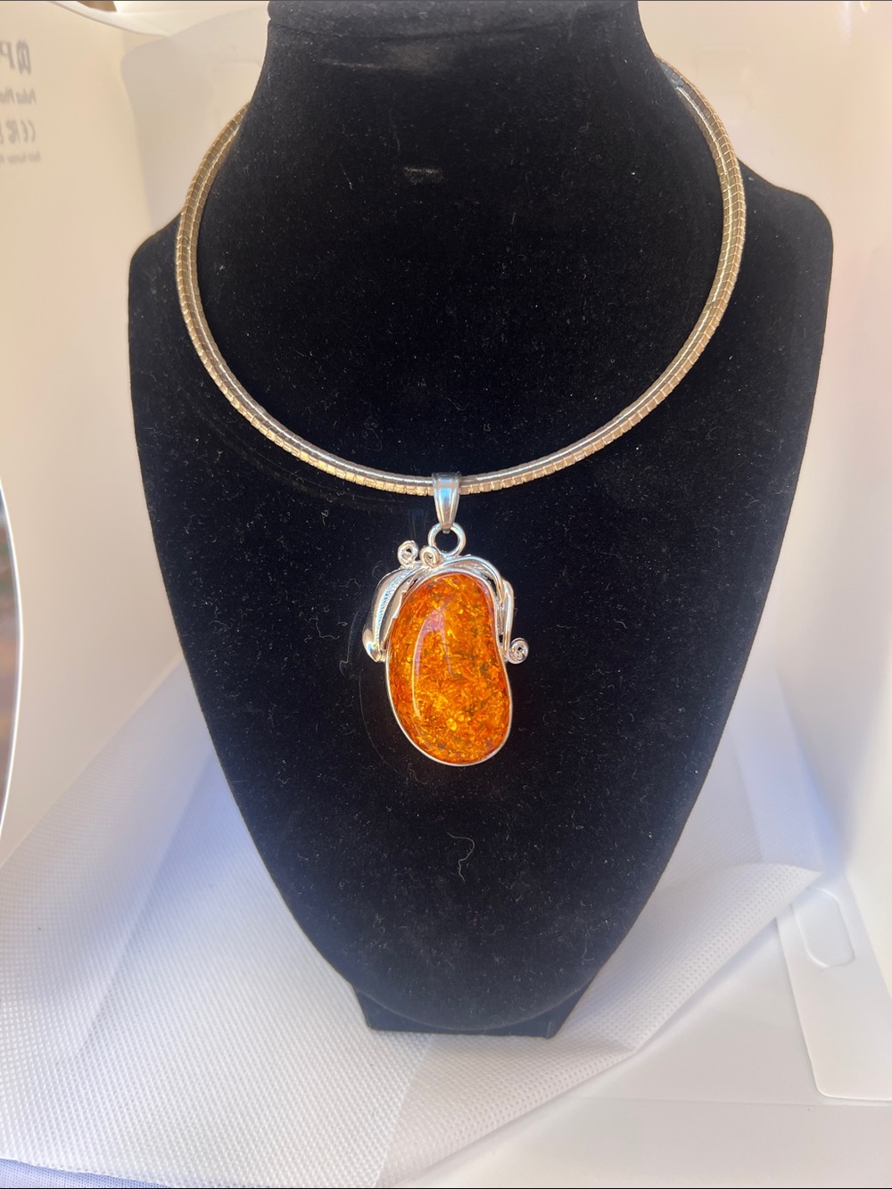Sterling Silver Amber Pendant Necklace in Rich Orange